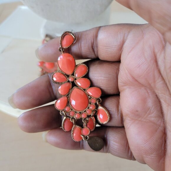 Coral Jeweled Chandelier Earrings & Matching Chain Necklace Set - Picture 2 of 13
